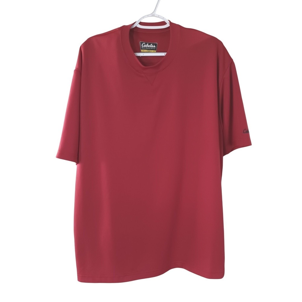 Cabelas Mens Performance T-Shirt 2XL Red Short Sleeve V-Stitch Crew Neck Logo